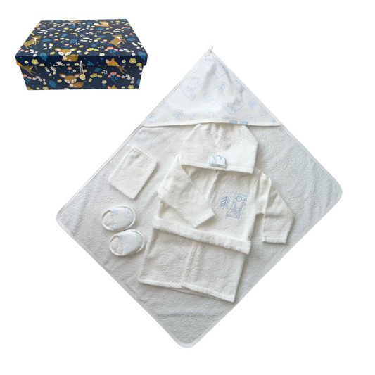 Baby Geschenkset zum 1. Geburtstag oder zur Geburt – 4-teiliges Badeset mit Bademantel, Kapuzenhandtuch, Waschhandschuh und Hausschuhen in rosa Geschenkbox