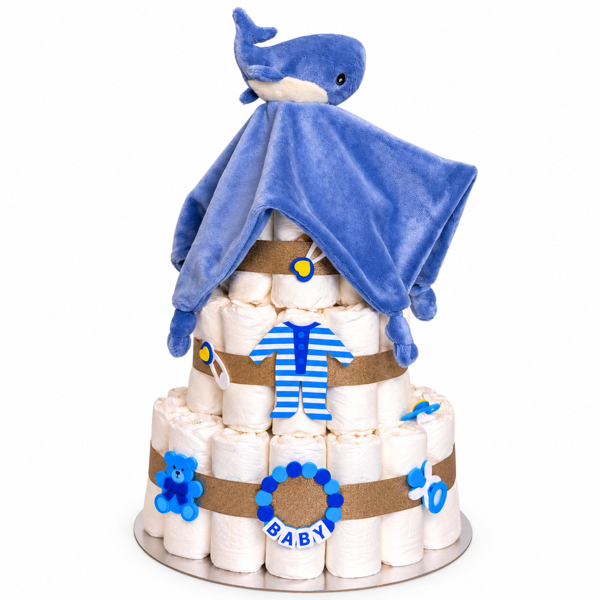 Windeltorte Junge mit blauem Wal-Schmusetuch und 60 Windeln