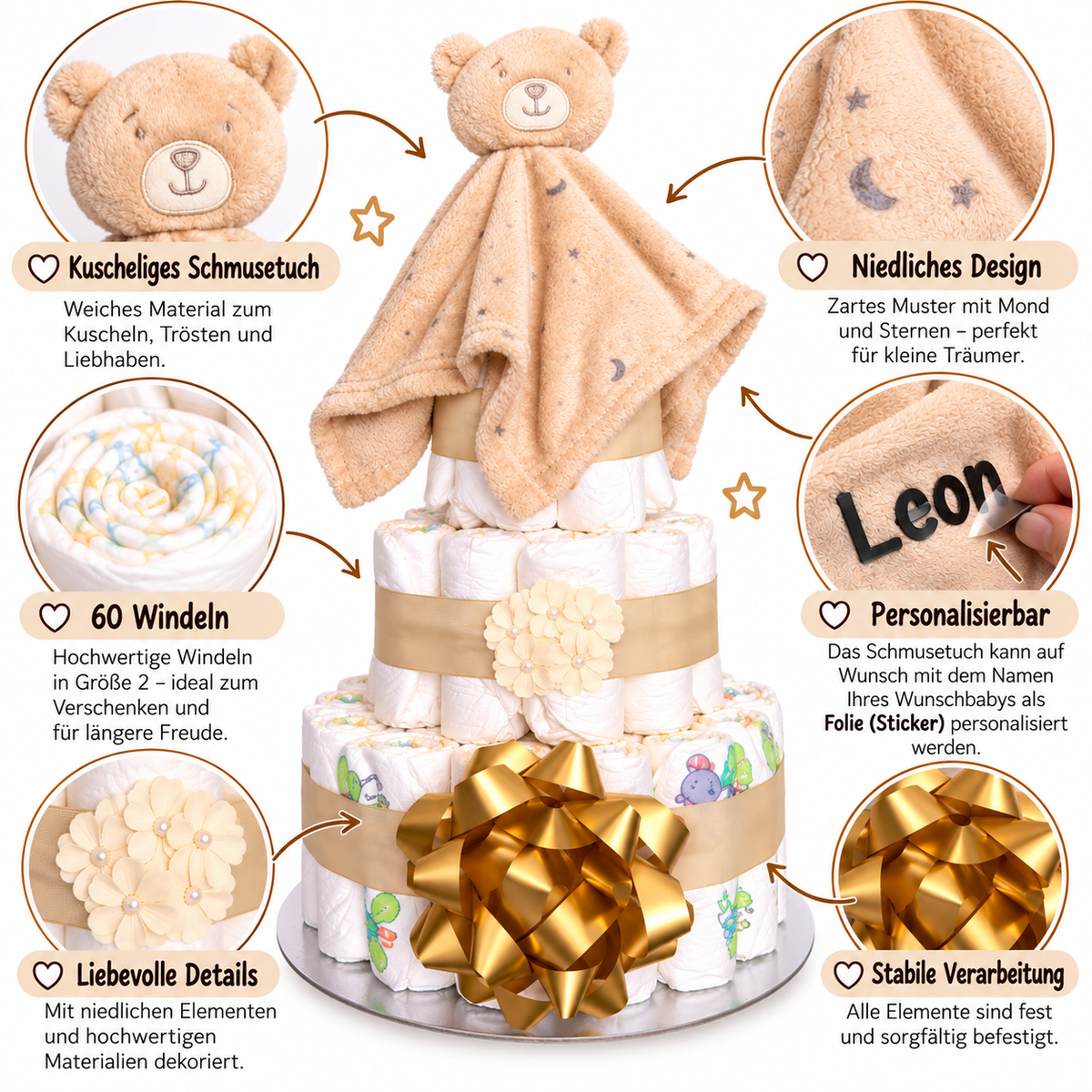 Produktdetails der beigen Windeltorte mit Teddy-Schmusetuch und ca. 60 Windeln Größe 2