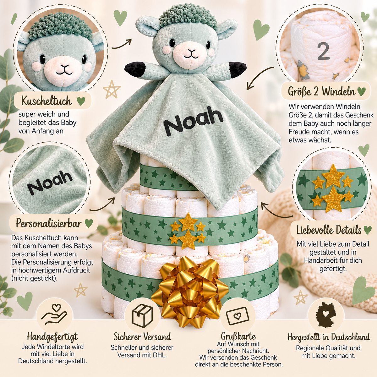 Windeltorte mit Kuscheltuch, Windeln Größe 2 und Personalisierung mit Namen