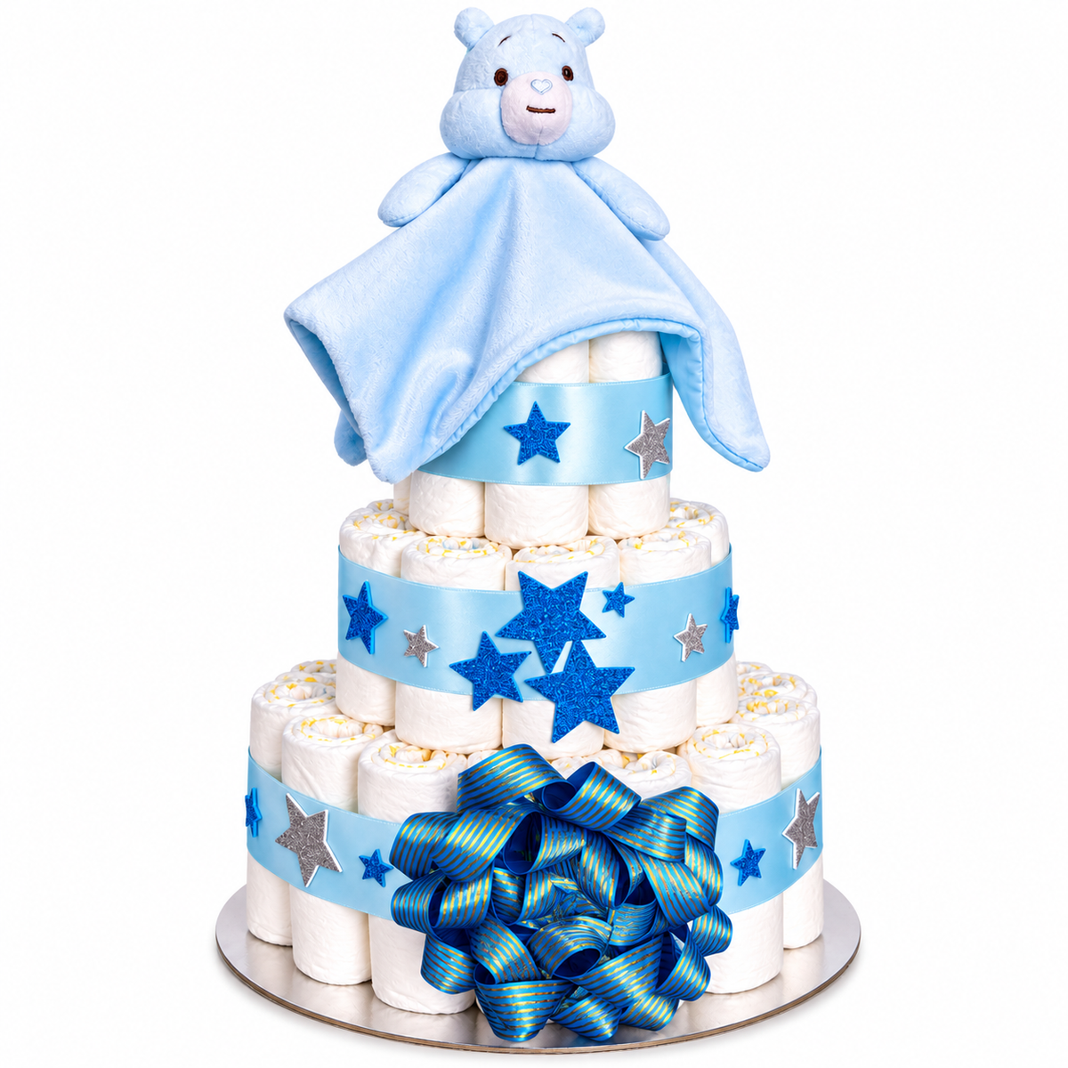 Windeltorte für Jungen in Blau mit Schmusetuch und glitzernden Sternen