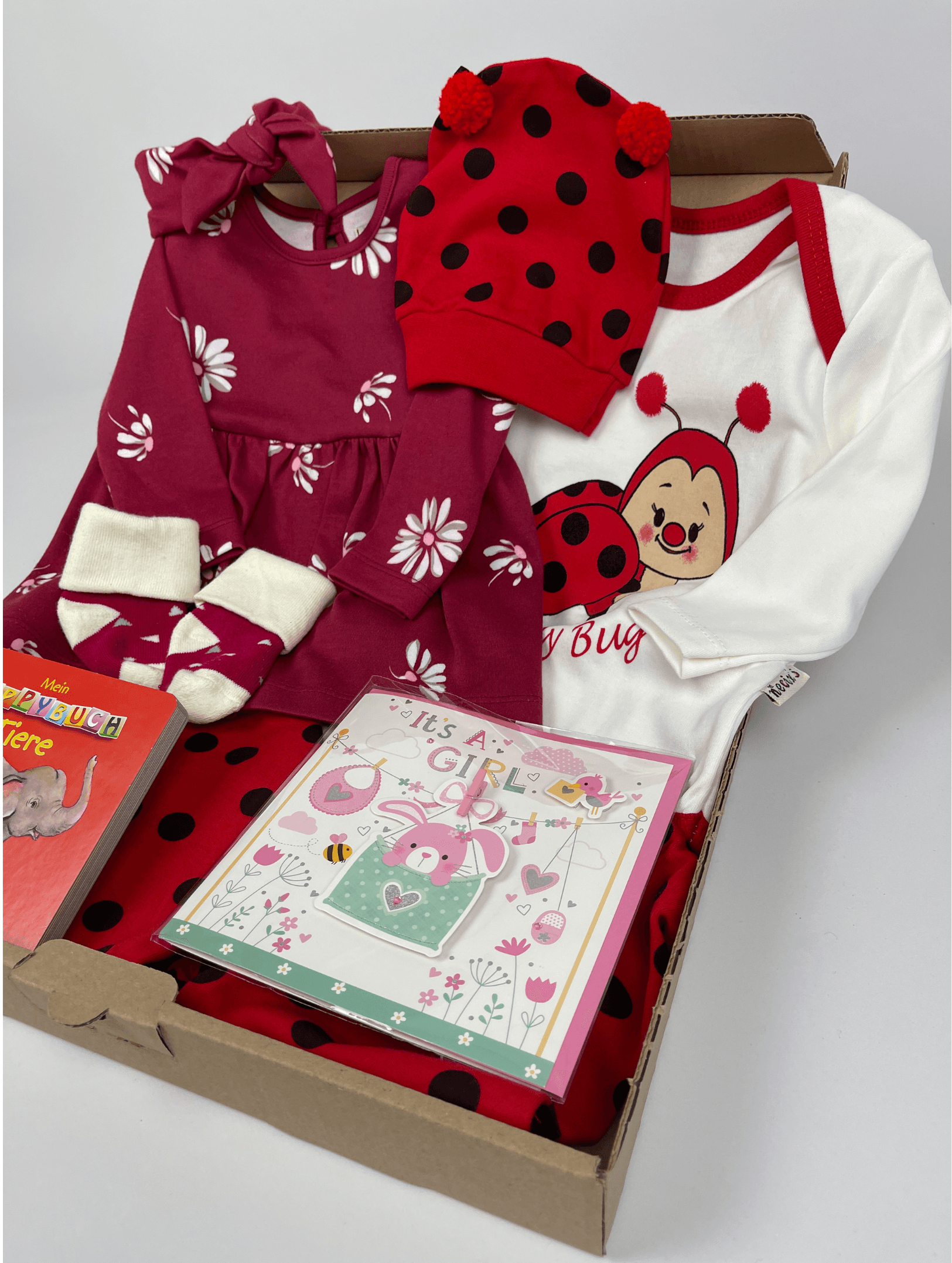 Geschenk Baby zur Geburt, Baby Geschenk Geburt, Baby Mädchen Geschenk, Babykarte, Babysocken für Neugeborene, Babykleid,